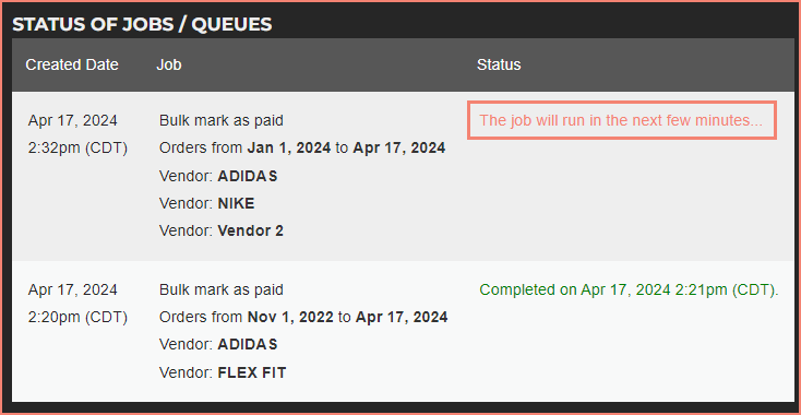 Status of Jobs/Queues table