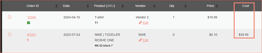 Cost column on Orders screen