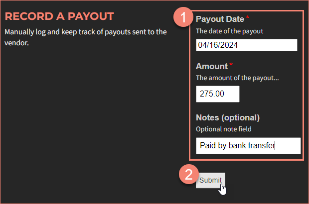 Record a Payout form