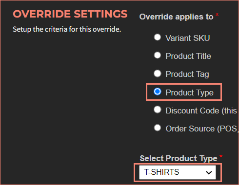 Product Type selection